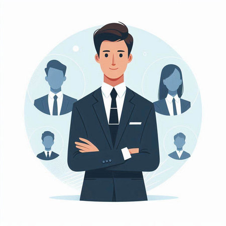 Businessman with his team. Vector illustration in a flat style.のイラスト素材
