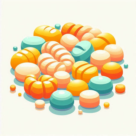 Illustration of a round composition of colorful candies on a white backgroundのイラスト素材