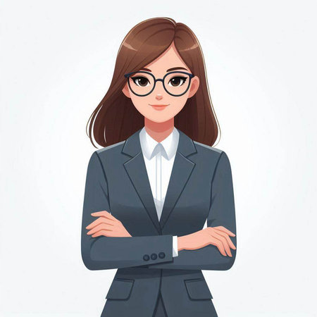 Business woman in suit and glasses with crossed arms. Vector illustration.のイラスト素材