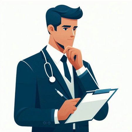 Vector illustration of a doctor with a stethoscope and clipboard.のイラスト素材