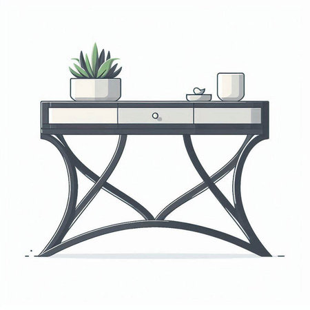 Vector illustration of a table with a cup of coffee and a plantのイラスト素材