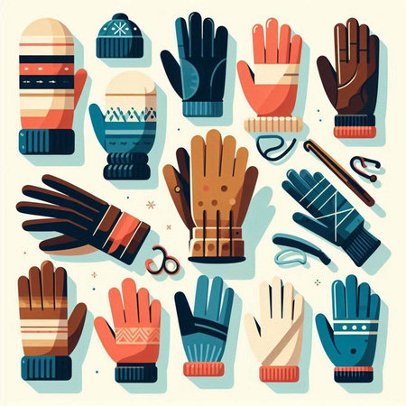 Winter equipment flat icons set with gloves, gloves and other accessories isolated vector illustrationのイラスト素材