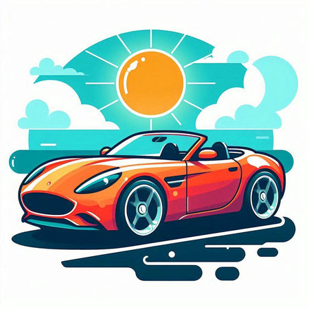 Vector illustration of a red sports car on the background of the sunのイラスト素材