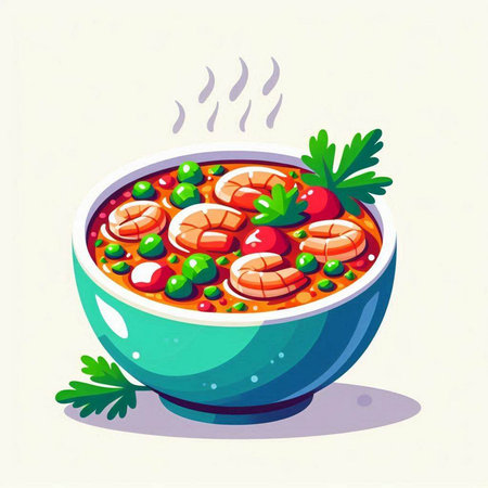 Illustration of a bowl of soup with shrimps and vegetablesのイラスト素材
