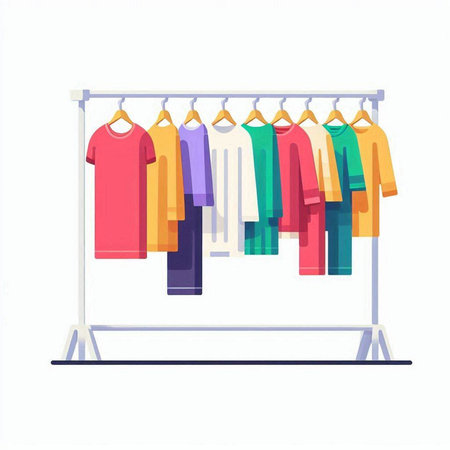 Clothes rack with different shirts. Vector illustration in flat cartoon styleのイラスト素材