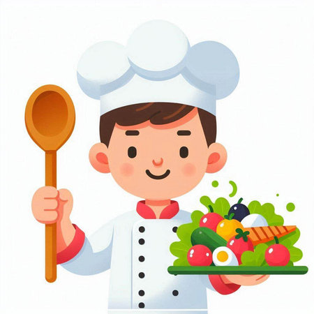 Chef holding plate with vegetables. Vector illustration in cartoon style.のイラスト素材