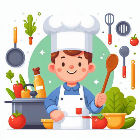 Cute little chef boy cooking food in kitchen. Cartoon vector illustrationのイラスト素材