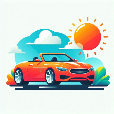 Car on the road with sun and clouds in the background. Vector illustration.のイラスト素材