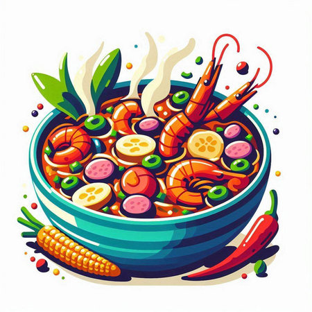 Salad with shrimps and vegetables in bowl. Vector illustrationのイラスト素材
