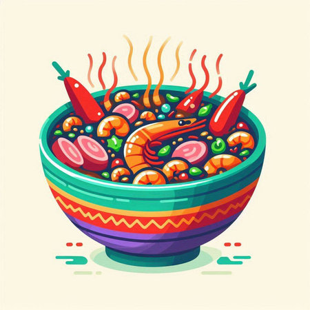 Vector illustration of a bowl of soup with shrimps and vegetablesのイラスト素材