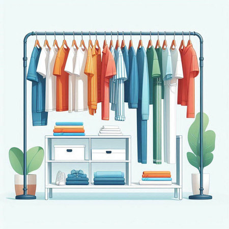 Wardrobe with different clothes on hangers. Vector illustration in cartoon styleのイラスト素材