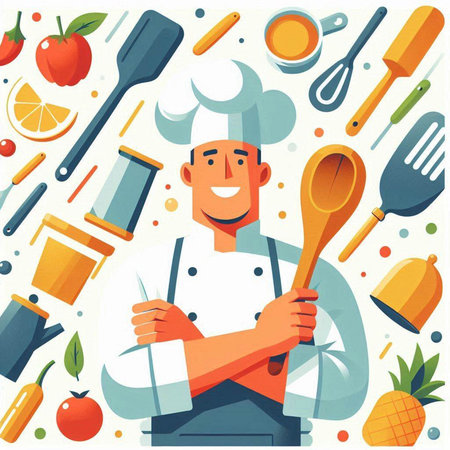 Chef with a set of kitchen utensils. Vector illustrationのイラスト素材