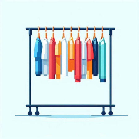 Clothes rack with different shirts in different colors. Vector illustration.のイラスト素材
