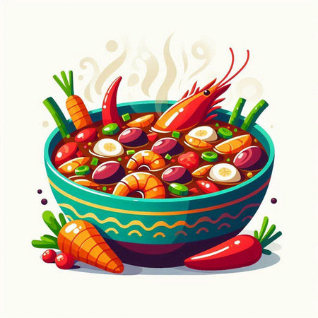 Chili soup with shrimp and vegetables in bowl. Vector illustration.のイラスト素材