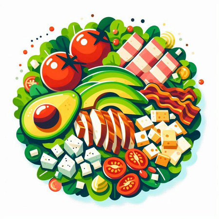 Vector illustration of healthy food in the form of a circle with vegetables and fruits.のイラスト素材
