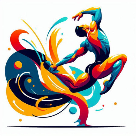 illustration of a girl doing acrobatic exercise on colorful backgroundのイラスト素材