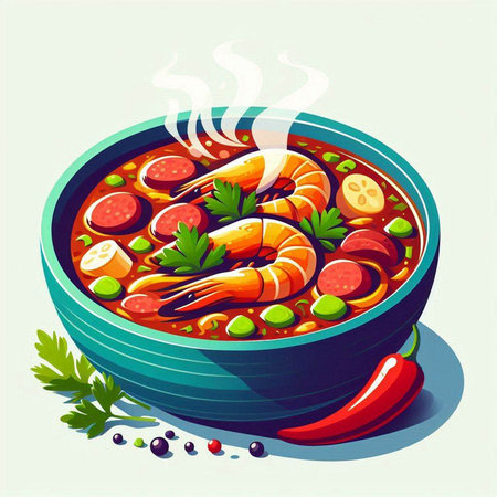 Tom yum soup with prawns and vegetables. Vector illustrationのイラスト素材
