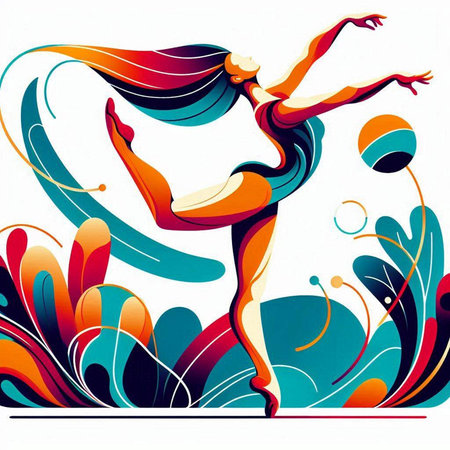 Beautiful young woman dancing on abstract floral background, vector illustration.のイラスト素材