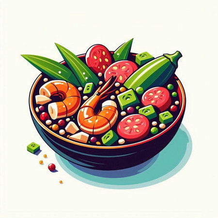 Salad with shrimps and vegetables in a bowl. Vector illustration.のイラスト素材