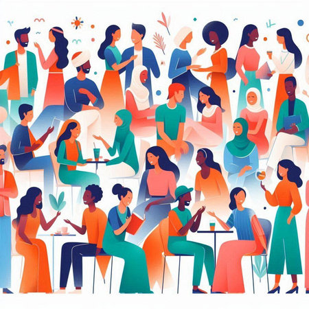 Vector illustration of a group of young people sitting in a cafe.のイラスト素材