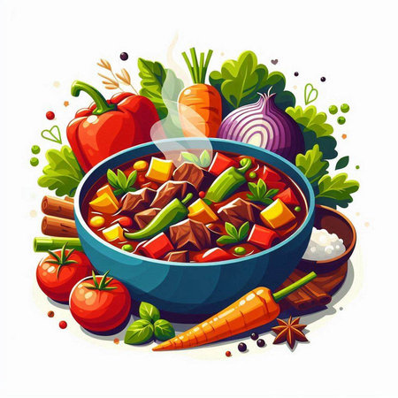 Beef stew with vegetables and spices in a bowl. Vector illustration.のイラスト素材