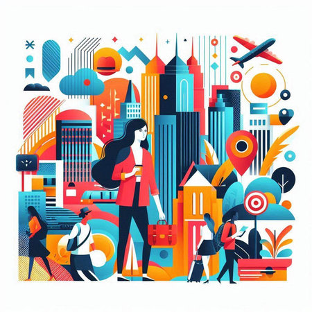Vector illustration of business people walking in the city. Modern flat style.のイラスト素材