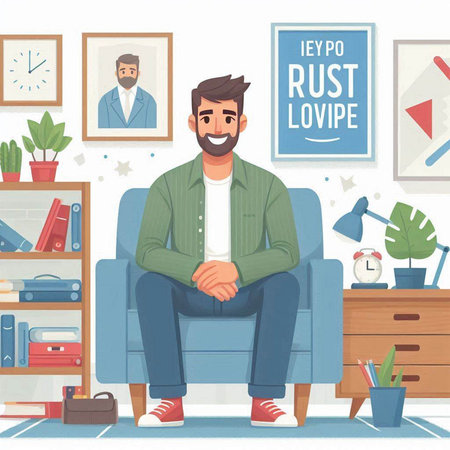 Man sitting in armchair at home, flat style vector illustration.のイラスト素材
