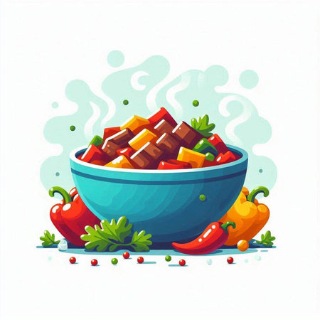 Bowl of stewed beef with vegetables on white background. Vector illustration.のイラスト素材