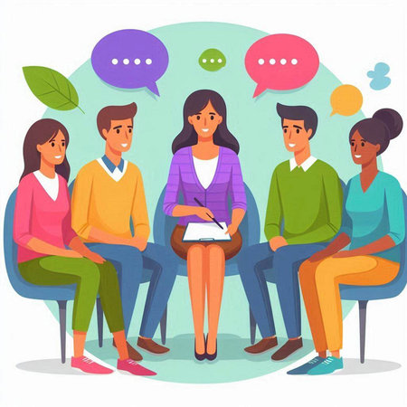 Group of people sitting on chairs and talking with each other. Vector illustration.のイラスト素材