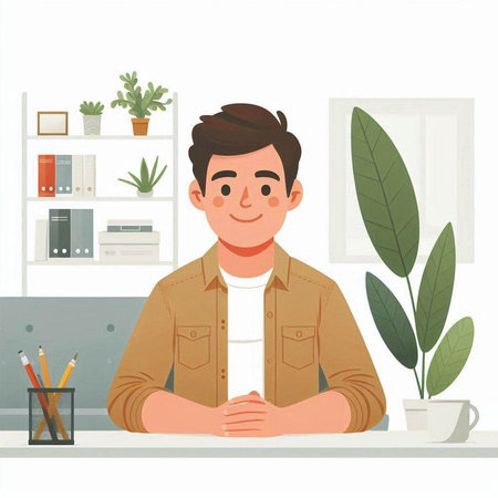 Young man sitting at the desk in home office. Vector illustration.のイラスト素材