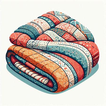 Vector hand drawn illustration of a stack of warm knitted blankets.のイラスト素材