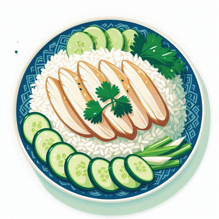 Illustration of rice with chicken and cucumber on a plate.のイラスト素材