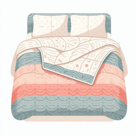 Vector illustration of a double bed with pillows and plaid.のイラスト素材