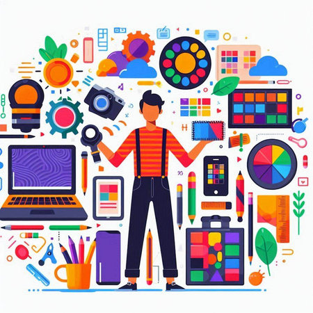 Vector illustration of a young man with a laptop and a set of accessories for drawing. Flat style.のイラスト素材