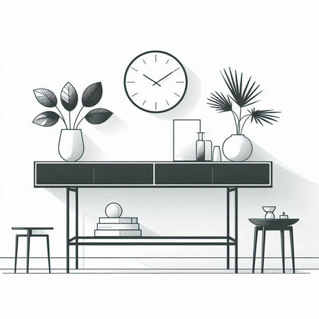 Modern living room interior design with furniture, coffee table, clock and plant. Vector illustration.のイラスト素材