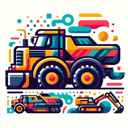 Colorful abstract vector illustration of a heavy duty bulldozer and truck.のイラスト素材