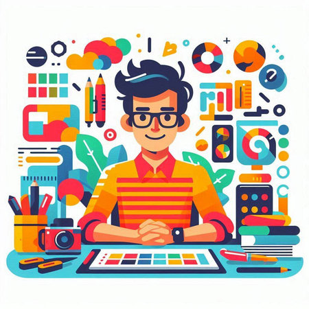 Creative man working at his office. Flat style vector illustration.のイラスト素材