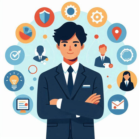 Vector illustration of a man in a business suit. Male character in a flat style.のイラスト素材