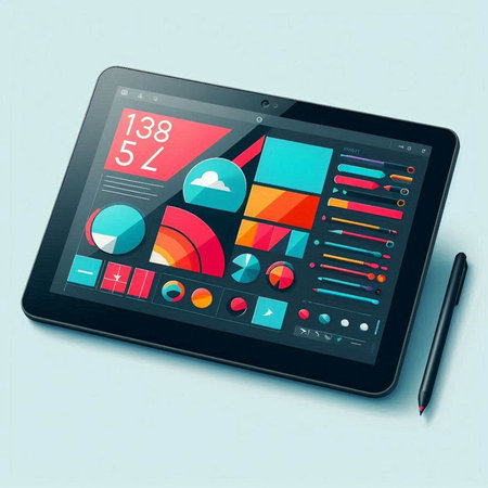 Tablet pc with charts and graphs on the screen. Vector illustration.のイラスト素材