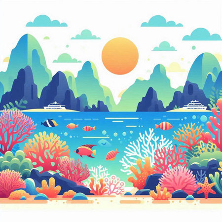 Sea landscape with corals and tropical fish. Vector illustration in flat styleのイラスト素材