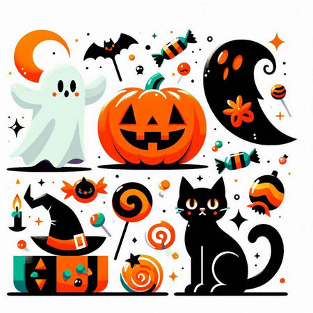 Halloween vector set with black cat, ghost, pumpkin, candies, candy, witch hat and other elements.のイラスト素材