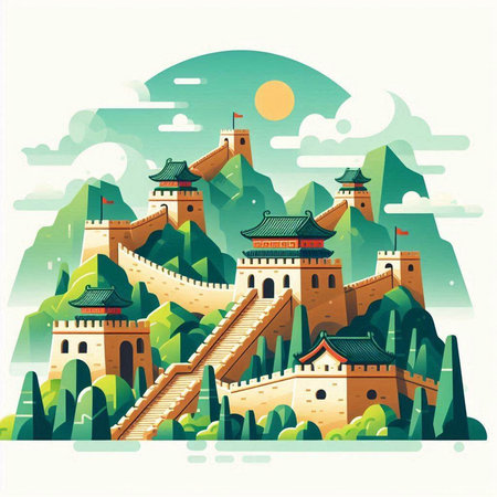Ancient Chinese fortress. Vector illustration, flat style. Isolated on white background.のイラスト素材