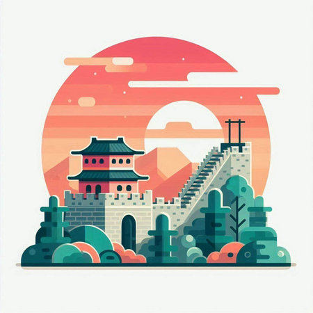 Landscape of chinese temple in flat style. Vector illustration.のイラスト素材