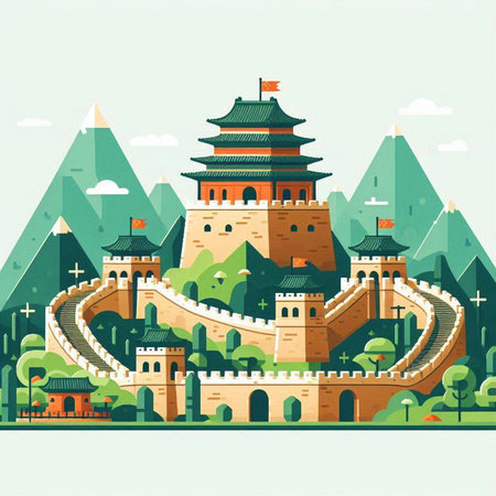 Ancient Chinese fortress in the mountains. Vector illustration in flat style.のイラスト素材