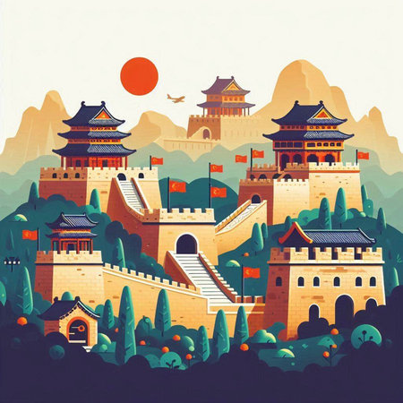 Ancient Chinese city landscape with ancient buildings and towers. Vector illustration.のイラスト素材