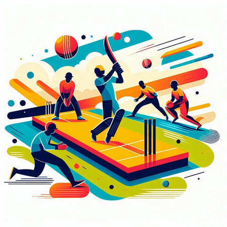Cricket players in action with ball and bat. Vector illustration.のイラスト素材