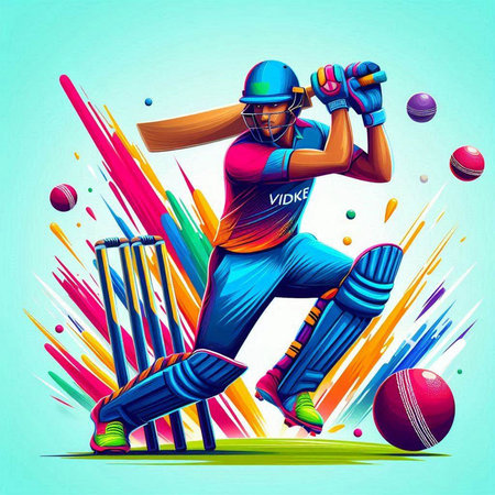 Cricket player in action with bat and ball. Vector illustration.のイラスト素材