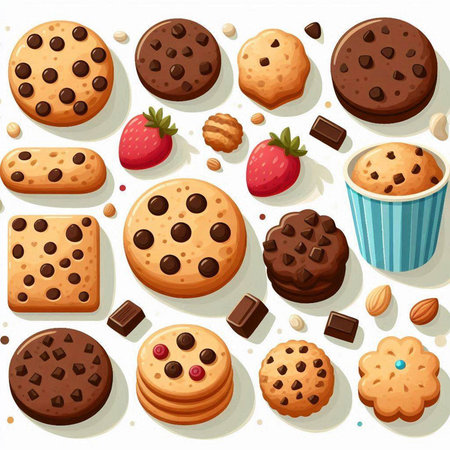 Seamless pattern with chocolate cookies, strawberries and chocolate chip cookies. Vector illustrationのイラスト素材