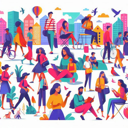 Seamless pattern with people in urban environment. Vector illustration.のイラスト素材