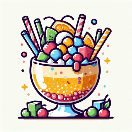Cup of ice cream with fruits and candies. Vector illustration.のイラスト素材